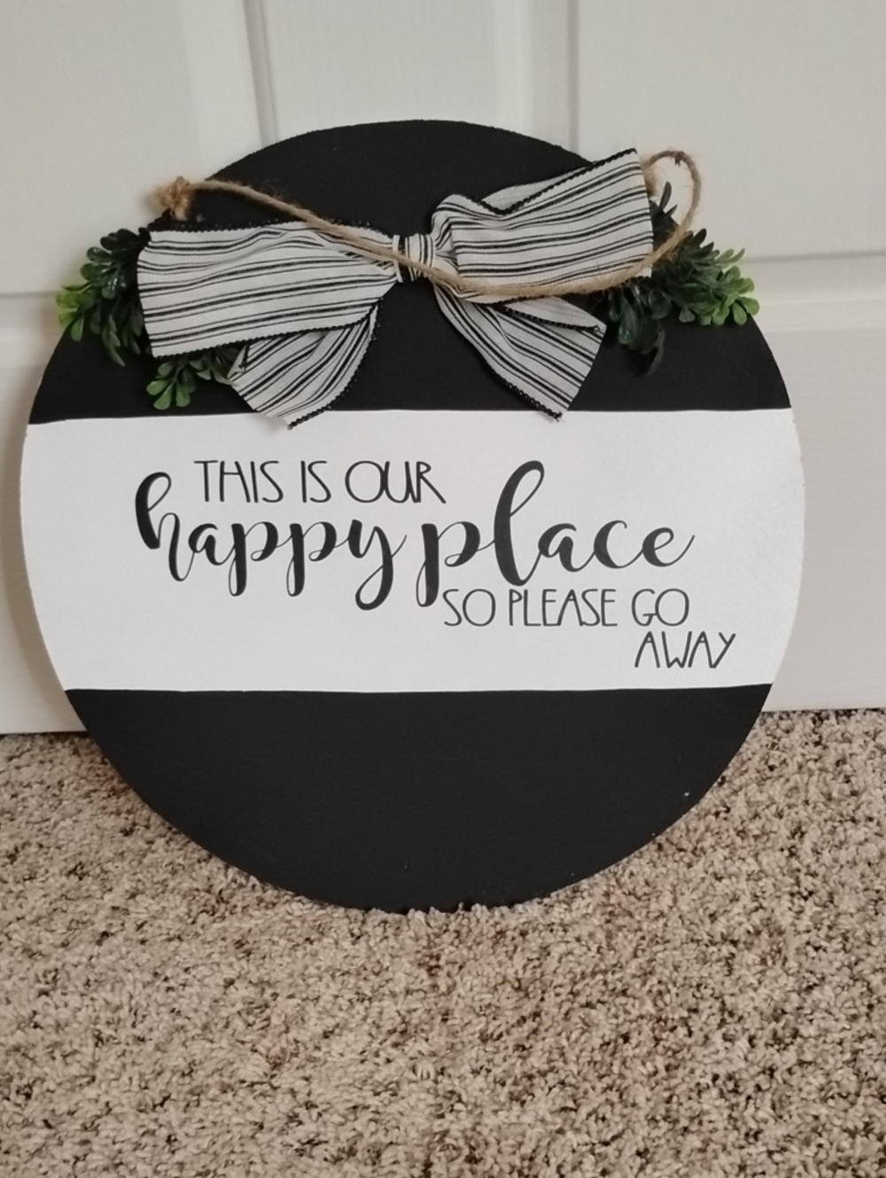 Round Black and White 'Happy Place' Wall Sign